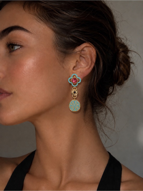 Jewelry - Rare Anthropologie Gold Turquoise Pink Drop Earrings Bohemian Chic Women Jewelry